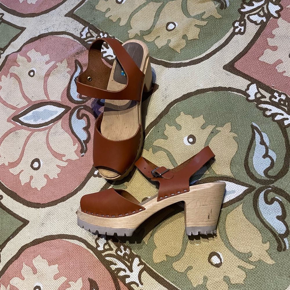 👹MIA Greta Luggage Swedish Scandinavian Peep Clog Heel Leather Mary Jean sandals - Picture 3 of 12